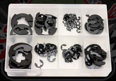 Mini pack of E clips. Popular metric sizes 1.5 - 25mm. Supplied in organiser case 135 clips